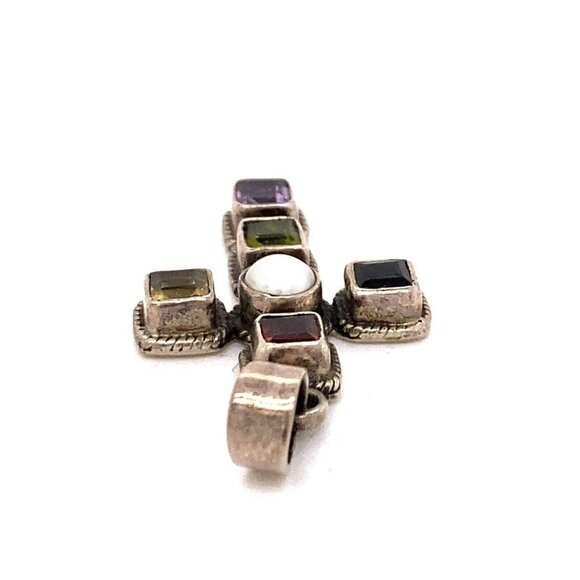 Estate Sterling Silver, Pearl, Garnet, Amethyst, Peridot & Citrine Cross Pendant - Picture 5 of 6
